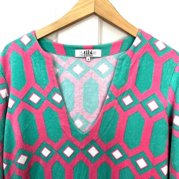 Tibi Terry Cloth Swim Cover Up Tunic‎ Women's S Colorful Print 3/4 Sleeve V-Neck - Picture 5 of 6